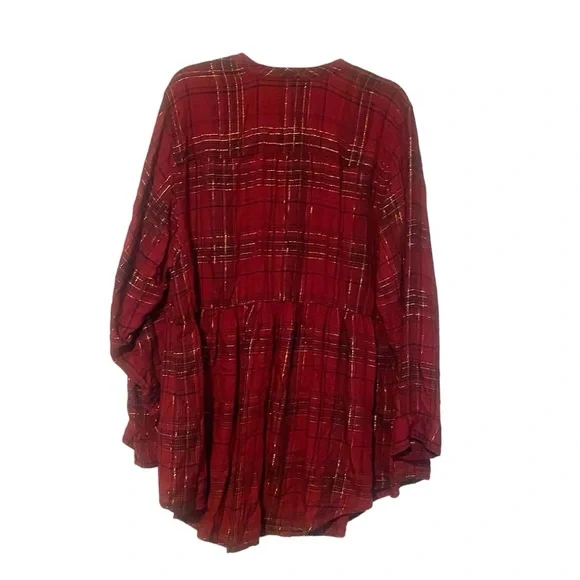 Womens High-low Burgundy Plaid Button-Front Peplum Shirt - Picture 8 of 11